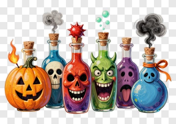 Halloween Potion Bottles And Pumpkin PNG