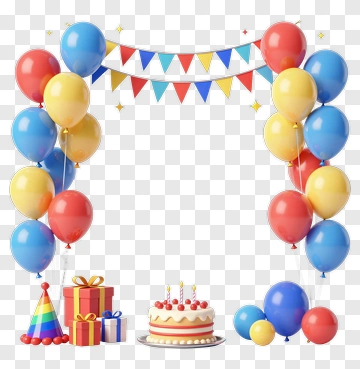 Birthday Cake With Balloons And Gifts PNG