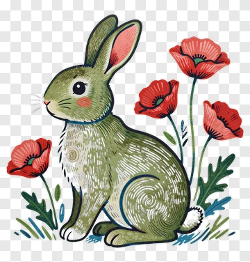 Green Rabbit Among Red Poppies PNG