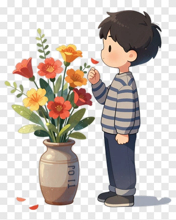 Boy Smelling Flowers PNG
