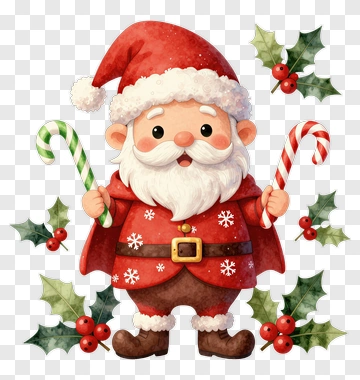 Santa Claus With Candy Cane And Holly PNG
