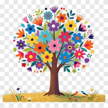 Colorful Flower Tree With Birds PNG