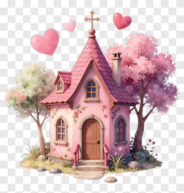 Pink Chapel Cottage With Hearts PNG