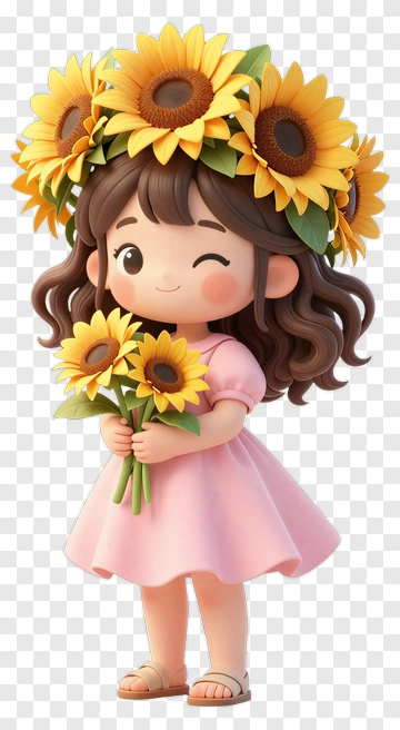 Girl With Sunflower Crown And Bouquet PNG