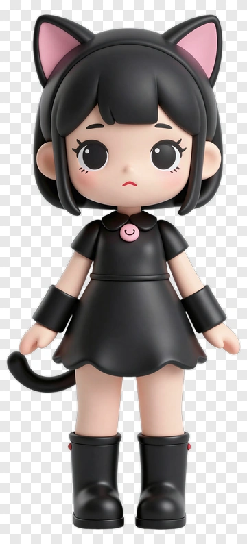 Cat Girl Doll In Black Dress PNG