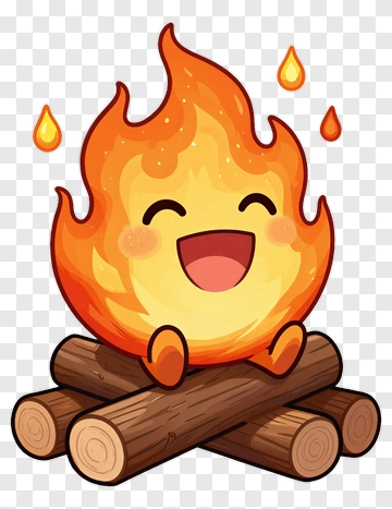 Happy Fire Character Sitting On Logs PNG