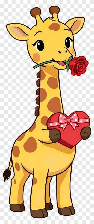Giraffe Holding Rose And Heart PNG