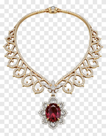 Golden Necklace With Ruby And Diamond Pendant PNG