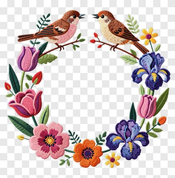 Embroidered Wreath With Sparrows And Flowers PNG