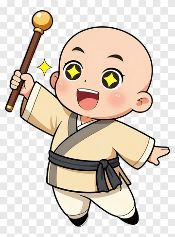 Cartoon Monk Holding Staff PNG