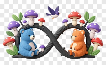 Blue And Orange Bears With Mushrooms And Bird PNG