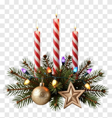 Three Striped Candles With Festive Holiday Decor PNG
