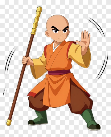 Cartoon Monk Holding Staff PNG
