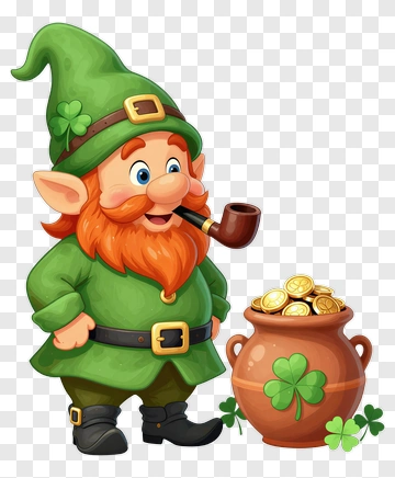 Leprechaun With Pipe And Pot Of Gold PNG