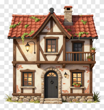 Cartoon Two-Story House With Red Roof PNG