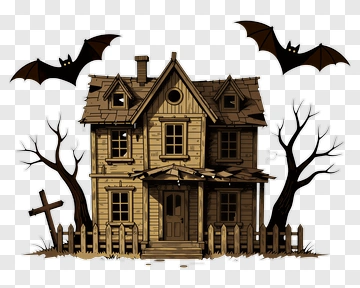 Haunted House With Bats And Bare Trees PNG