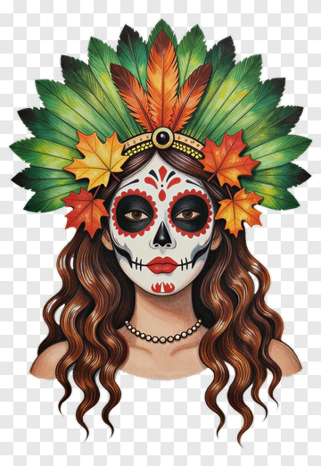 Sugar Skull Woman With Feather Headdress PNG