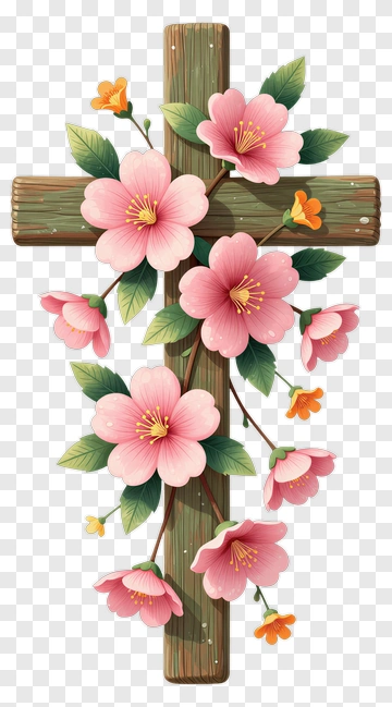 Wooden Cross With Pink Flowers PNG