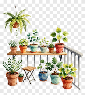Watercolor Potted Plants On Shelves PNG