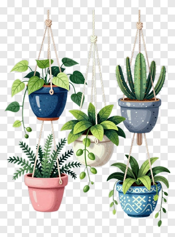 Hanging Plants In Colorful Pots PNG