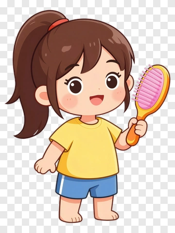Happy Girl Holding Hairbrush PNG