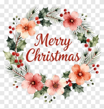 Merry Christmas Wreath With Flowers PNG