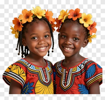Two Children Wearing Floral Headbands And Traditional Attire PNG