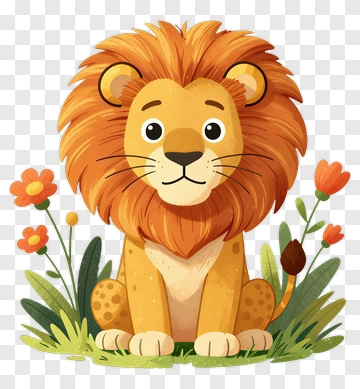 Cute Cartoon Lion With Flowers PNG