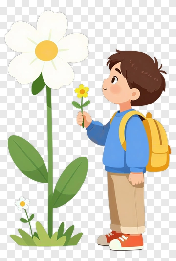 Boy Admiring A Large White Flower PNG