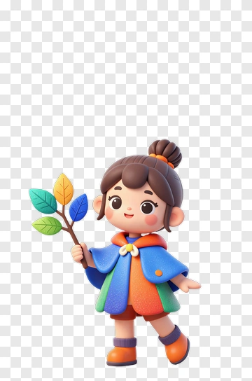 Happy Cartoon Girl Holding Colorful Branch PNG