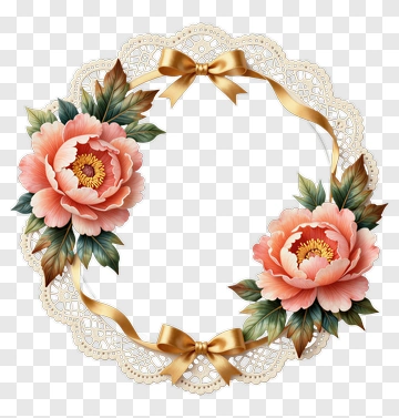 Pink Peony Flower Wreath With Gold Ribbon PNG