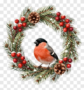 Red Bird Perched On Festive Wreath PNG