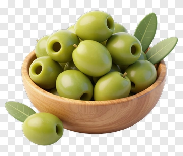 Green Olives In Wooden Bowl PNG