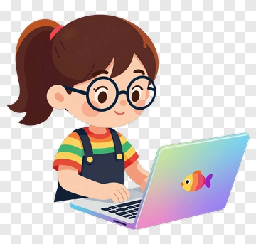 Girl Using Laptop With Fish Sticker PNG
