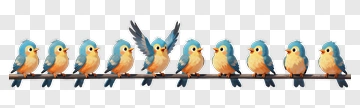 Blue And Orange Birds Perched In A Row PNG