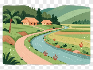 Rural Village With River And Path PNG