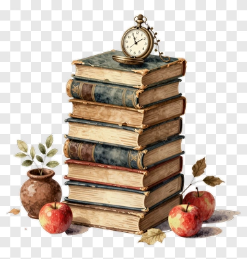 Stack Of Books With Pocket Watch PNG