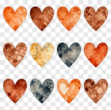 Watercolor Hearts With Textured Patterns PNG