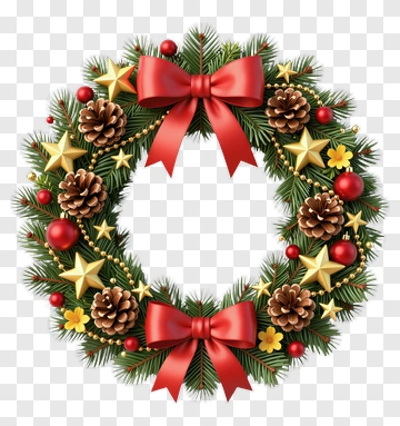 Christmas Wreath With Pinecones And Ribbon PNG