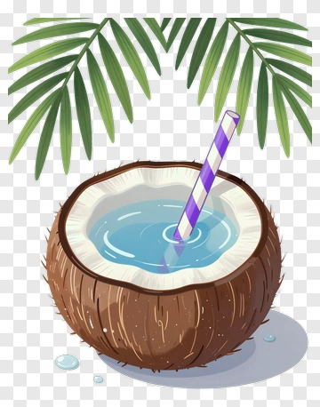 Coconut Water With Purple Striped Straw PNG