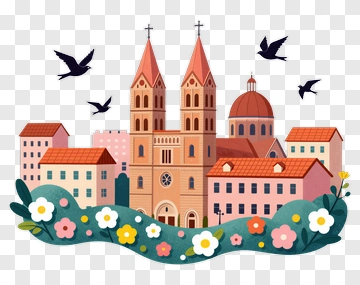 Cathedral Town With Flowers And Birds PNG