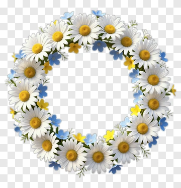 White Daisy Wreath With Blue And Yellow Flowers PNG