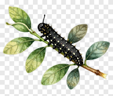 Black And Yellow Caterpillar On Green Leaves PNG