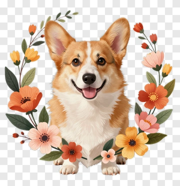 Happy Corgi Surrounded By Flowers PNG