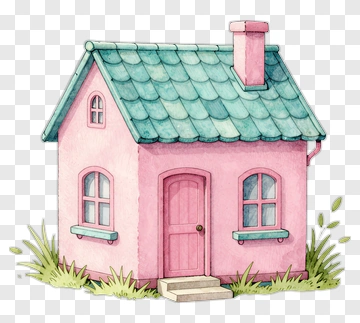 Pink Watercolor House With Green Grass PNG