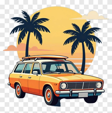Orange Station Wagon With Surfboard PNG
