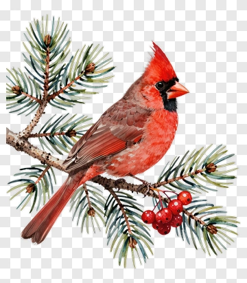 Red Cardinal On Pine Branch With Berries PNG