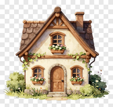 Cozy Cartoon Cottage With Flower Boxes PNG