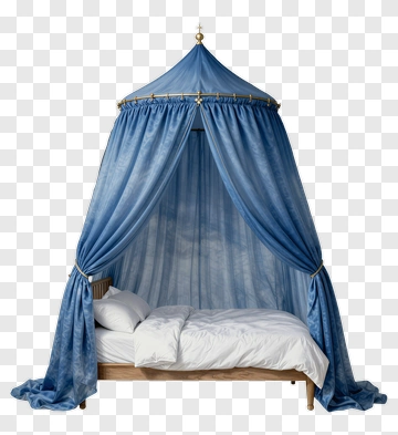 Blue Canopy Bed With White Bedding PNG