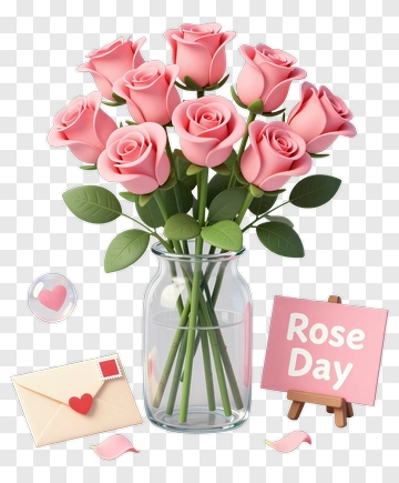 Pink Roses In Glass Vase For Rose Day PNG